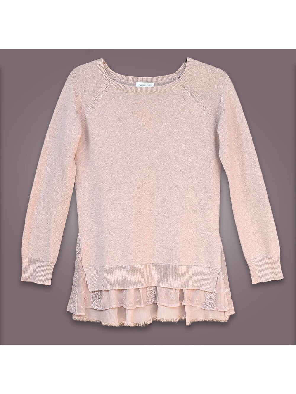 Garnet Hill Pink Sweater Ruffle and Lace trim